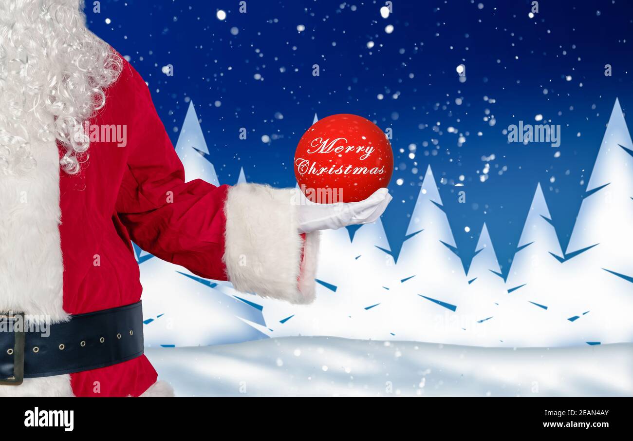 babbo natale tiene una palla di vetro con i desideri di Natale nel suo mano Foto Stock