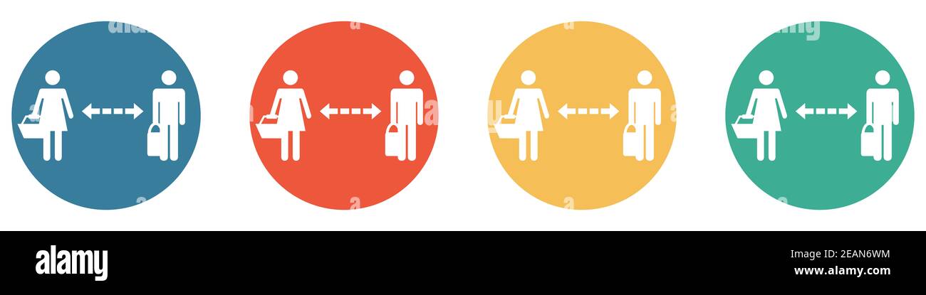 Banner colorato con 4 pulsanti: Social distancing in negozio Foto Stock