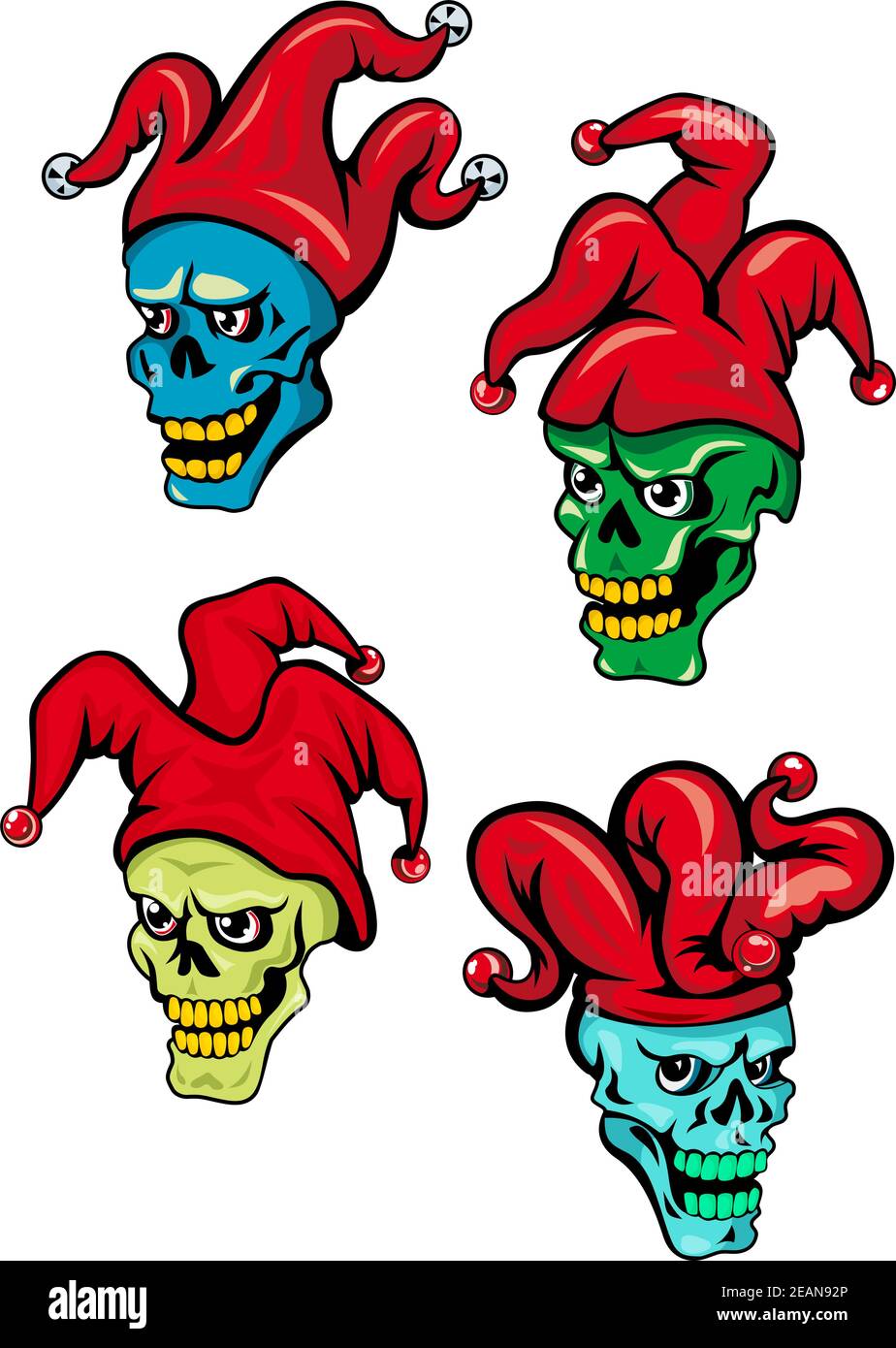 Cartoon clown o joker cranio con cappello, campane e occhi. Per Halloween, t-shirt e tatuaggio design Illustrazione Vettoriale