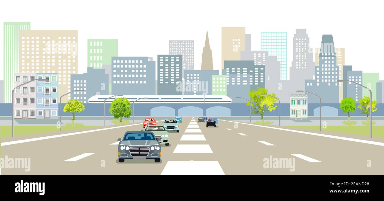 Superstrada di fronte a un'illustrazione della silhouette della città Foto Stock