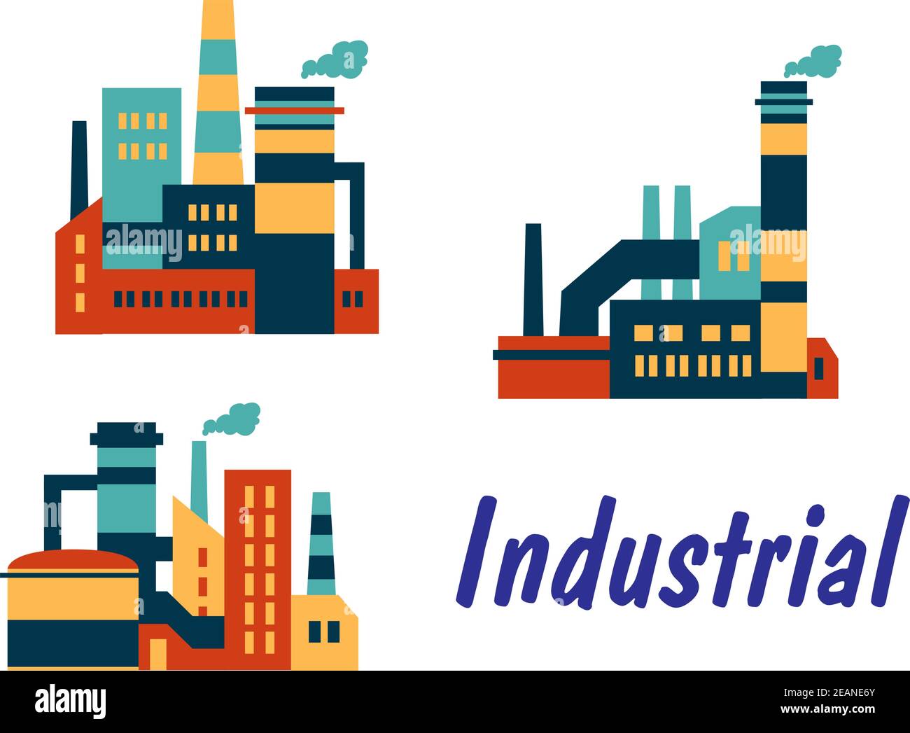 Tre icone industriali piane che mostrano fabbriche, impianti o raffinerie con smokestacks o camini con fumo inquinante e la parola - industriale, isola Illustrazione Vettoriale