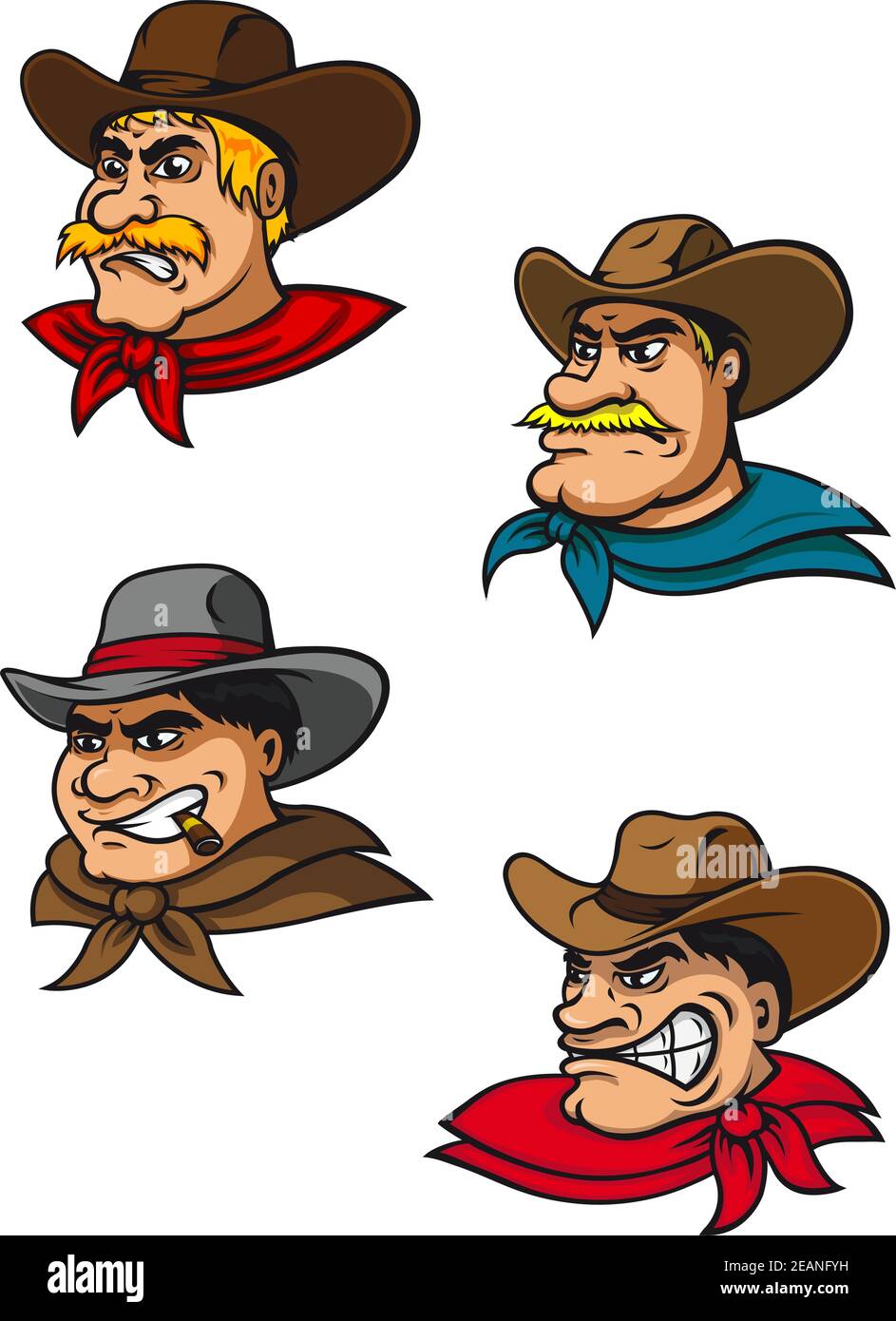 Cartoon Western brutali cowboy personaggi per mascotte, agricoltura o fumetti design Illustrazione Vettoriale