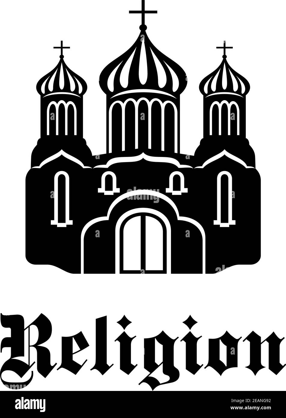 Tempio con silhouette in bianco e nero o icona della chiesa con tre Cupole di cipolla e il testo religione per la religione religiosa e cristianità design Illustrazione Vettoriale