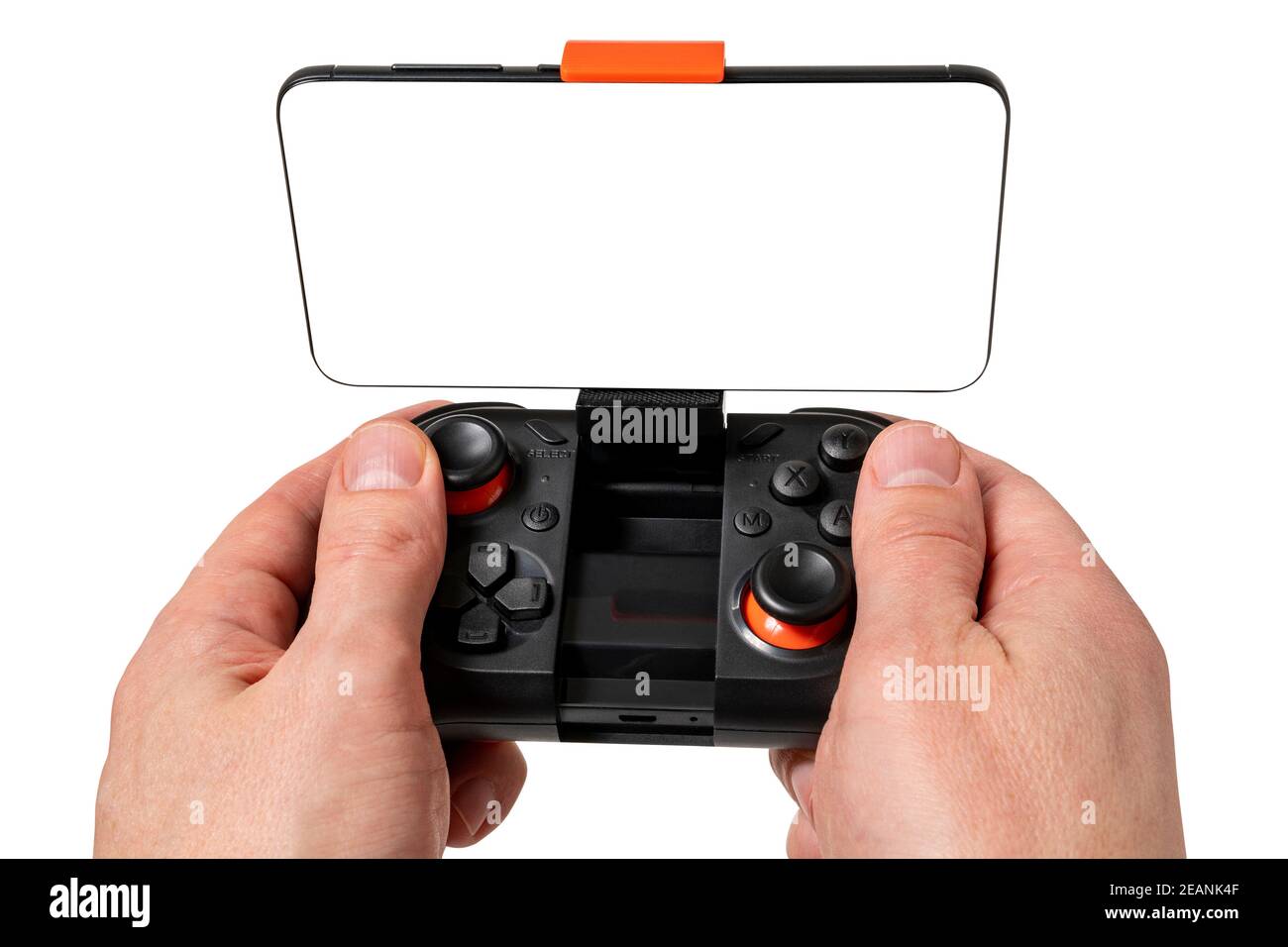 Game Pad con smartphone a mani isolate su sfondo bianco. Concetto di gioco mobile. Foto Stock