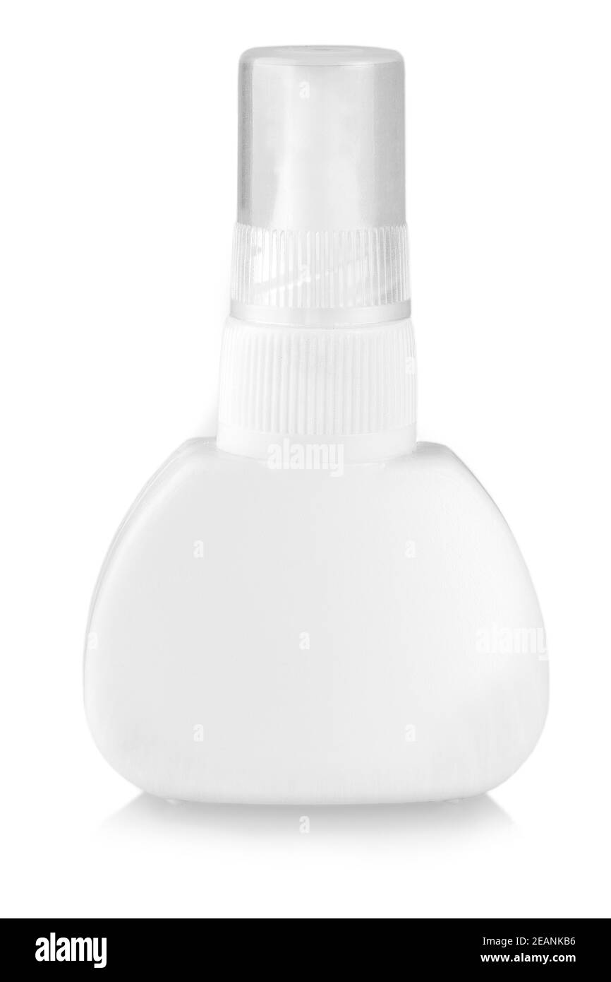 La medicina bianca spray nasale isolato su sfondo bianco Foto Stock