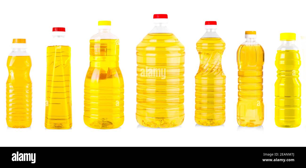 Set di bottiglie di olio di girasole isolate su bianco Foto Stock