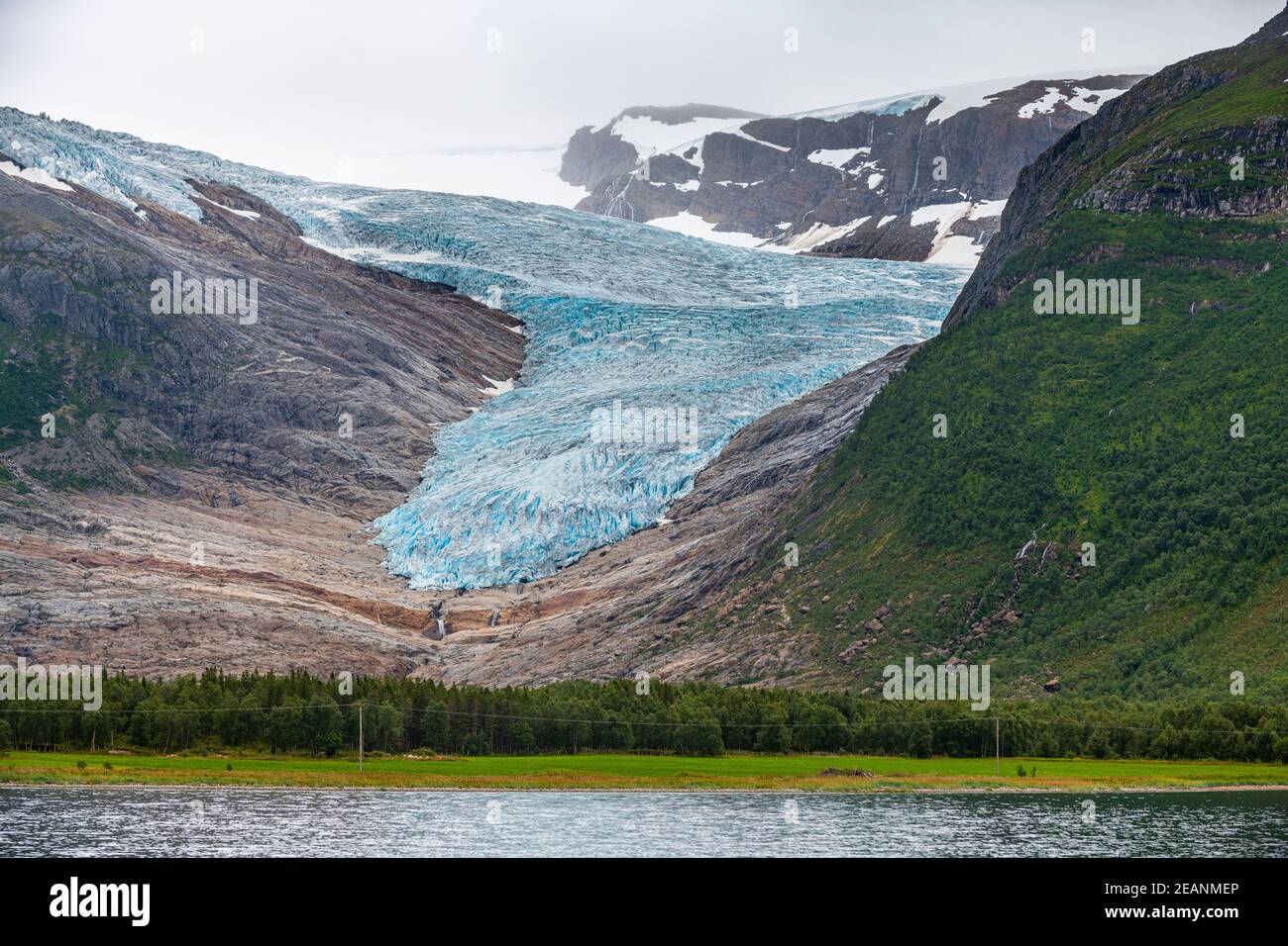 Ghiacciaio di Svartisen, strada costiera di Kystriksveien, Norvegia, Scandinavia, Europa Foto Stock