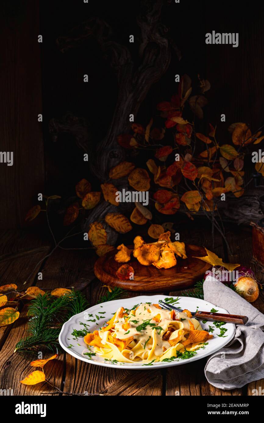 Tagliatelle con chanterelle fresche in salsa di funghi Foto Stock