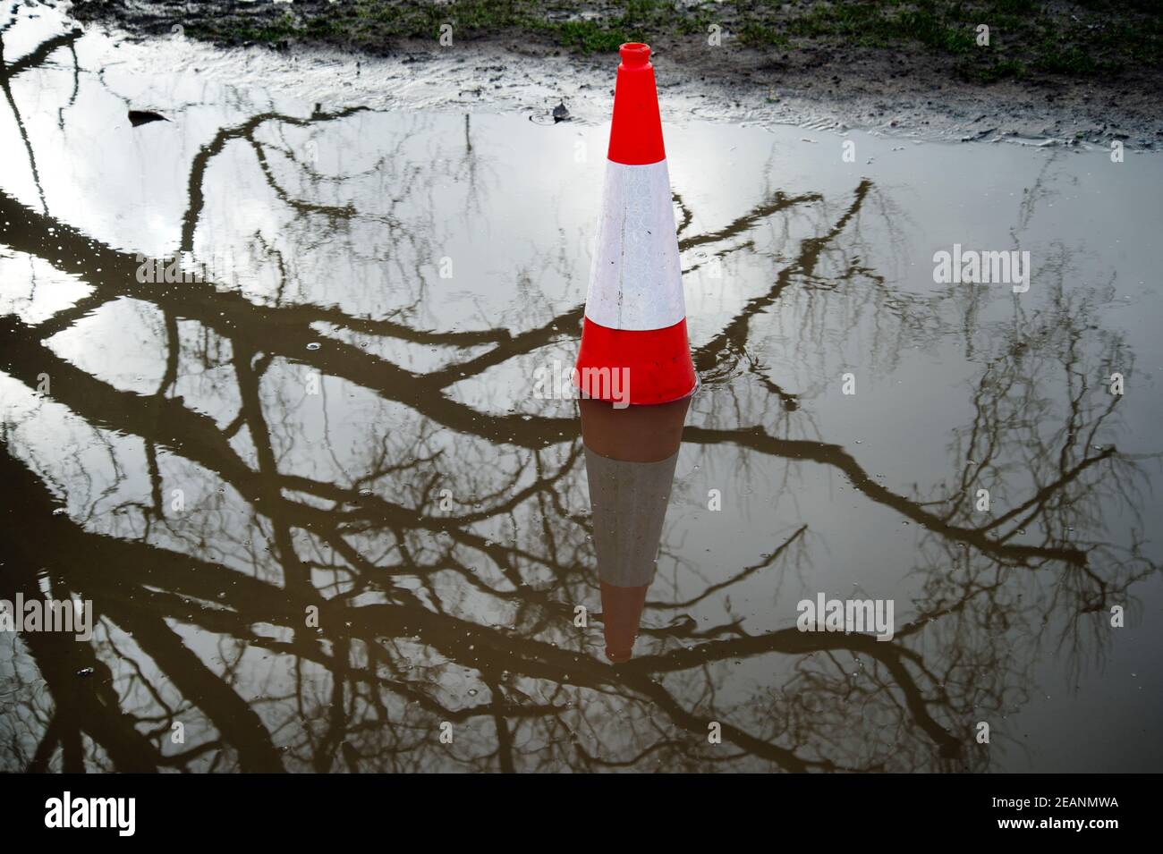 Febbraio a Hackney. Cono di traffico che segna grande puddle con il riflesso di albero. Foto Stock