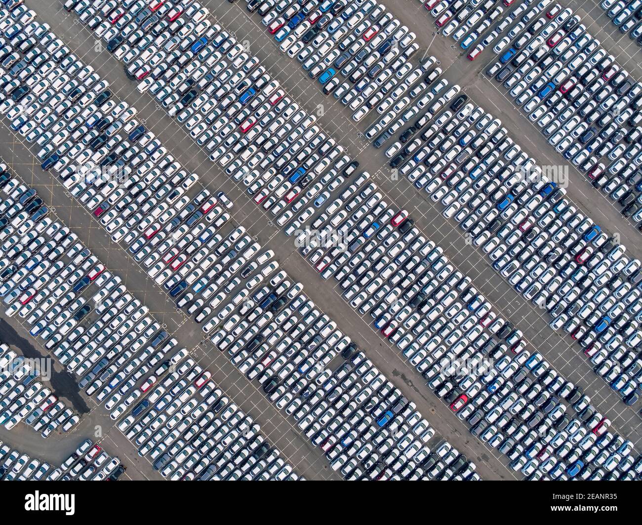 New Cars, Tilbury Docks, Tilbury, Porto di Londra, Essex, Inghilterra, Regno Unito, Europa Foto Stock