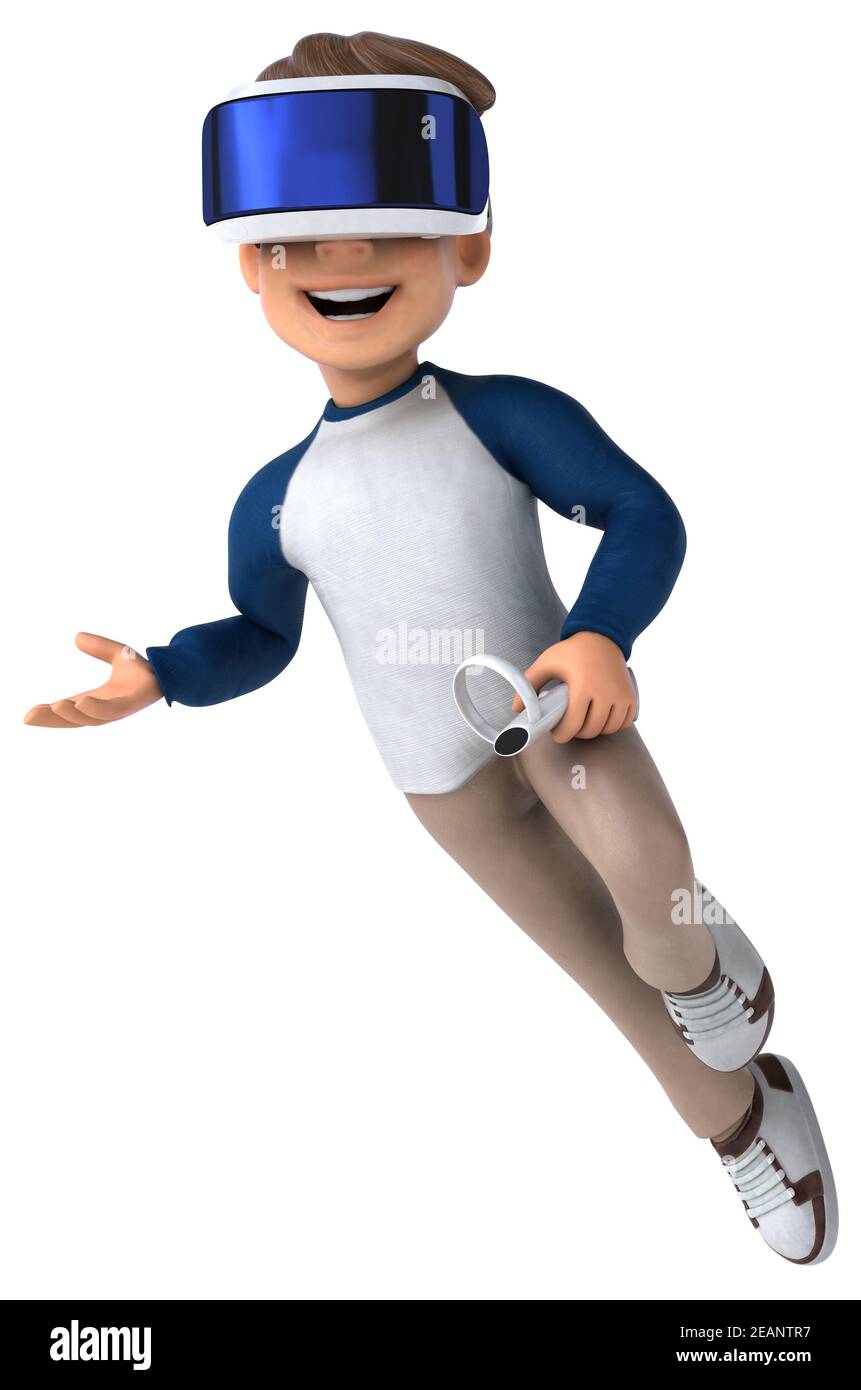 Divertente illustrazione 3D di un bambino di cartoni animati con una realtà virtuale casco Foto Stock