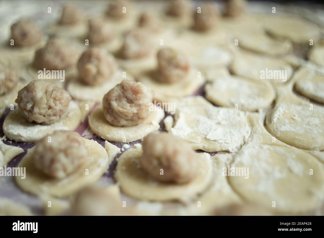 Preparazione di gnocchi fatti a mano a casa con messa a fuoco selettiva primo piano Foto Stock