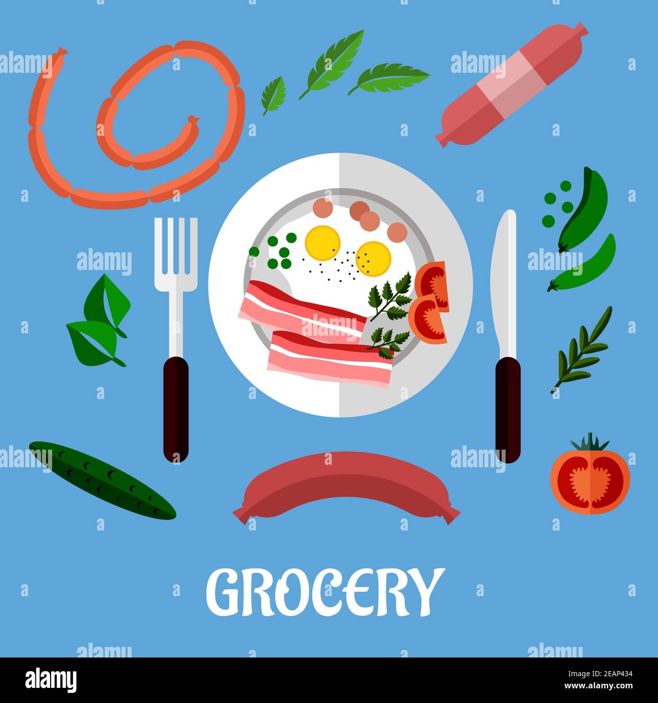 Colazione all'americana con uova fritte e pancetta servita su un piatto con posate circondate da alimentari assortiti e la parola Grocery. Design piatto Illustrazione Vettoriale