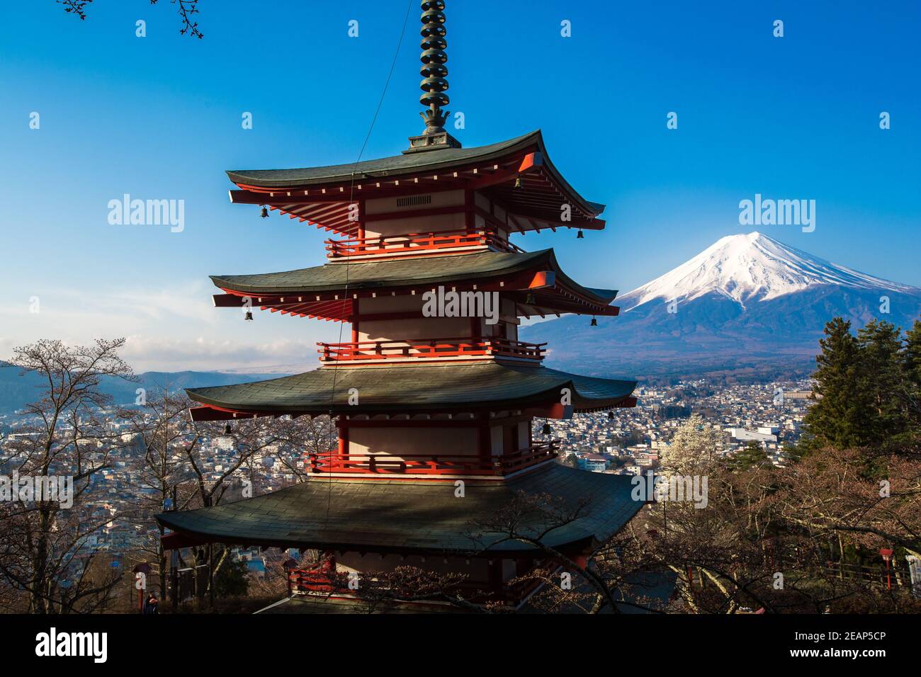 Simbolo del giappone, della Pagoda rossa di Chureito e del Monte Fuji in Giappone Fujiyoshid. La Pagoda di Chureito, una pagoda a cinque piani conosciuta come Fujiyoshida Cenotafh Foto Stock