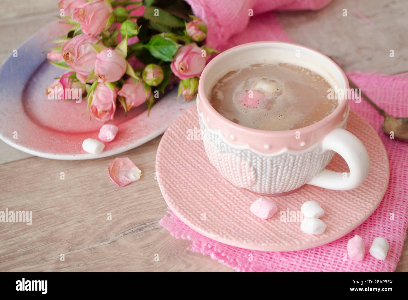 Tazza di cioccolato al cacao con bevanda calda e marshmallow bianco e rosa, cacao in tazza con rose rosa, caffetteria per le vacanze, decorazione romantica, tazza con effetto lavorato a maglia Foto Stock
