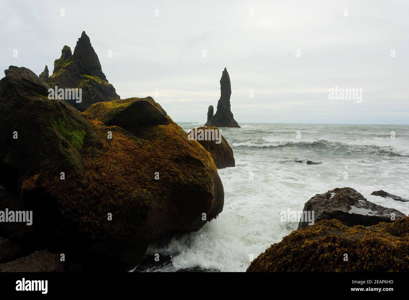 Reynisfjara lava vista spiaggia, sud Islanda paesaggio Foto Stock