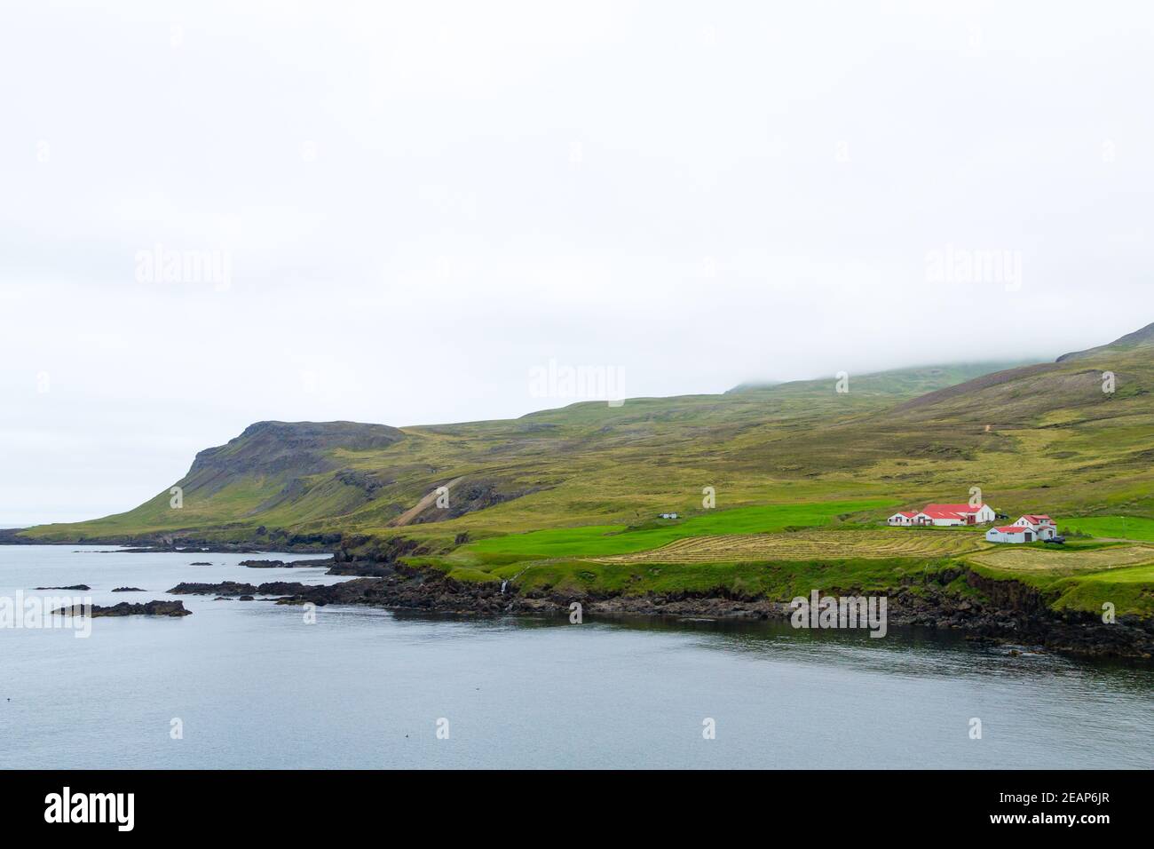 Vista sul fiordo di Borgarfjordur, Islanda orientale. Vista islandese Foto Stock