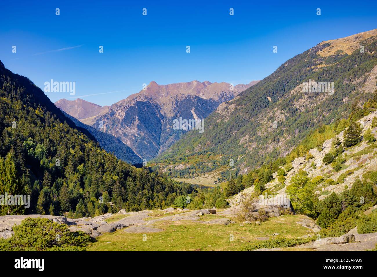 Vista sulle montagne che circondano il centro informazioni dei sentieri escursionistici del parco. Vall de Boi, Catalogna, Spagna Foto Stock