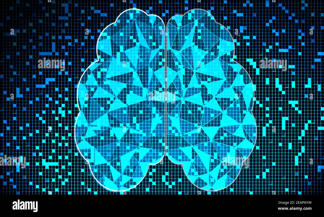 Cervello umano pixelato con sfondo blu Foto Stock