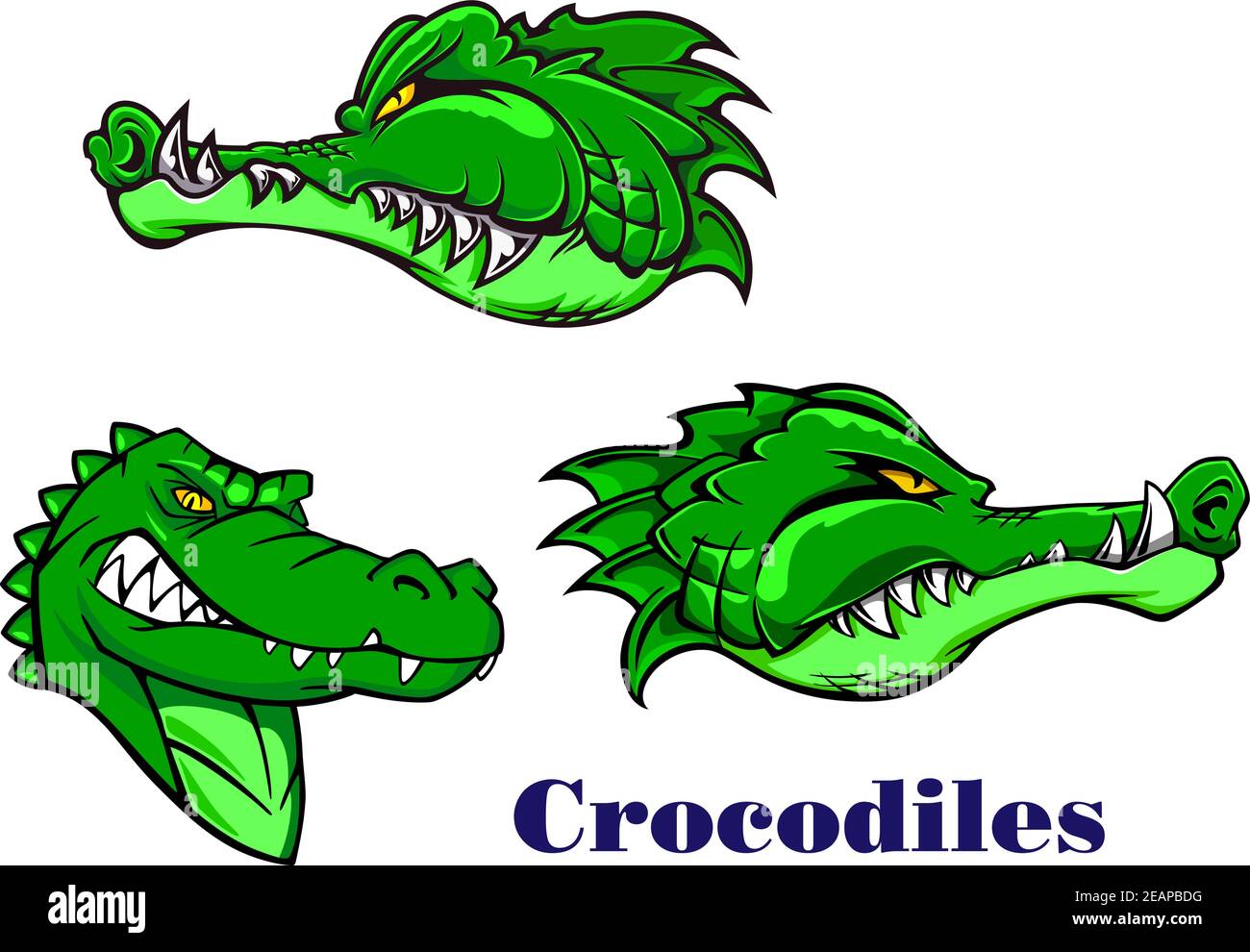 Cartoni animati spaventosi, carnivori e aggressivi coccodrilli o personaggi di alligatore per la progettazione mascotte Illustrazione Vettoriale