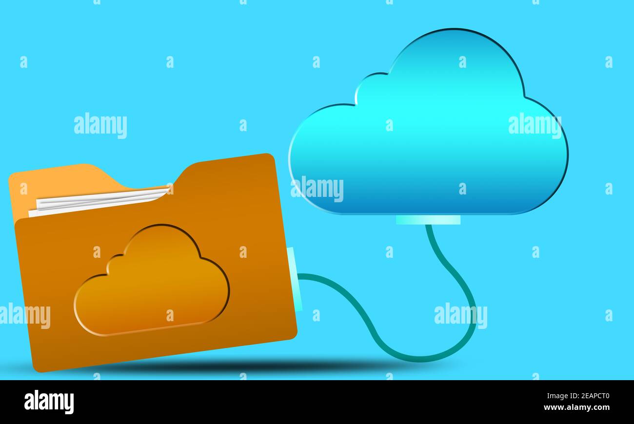 Concetto di cloud computing con icona blu del cloud Internet e giallo cartella Foto Stock