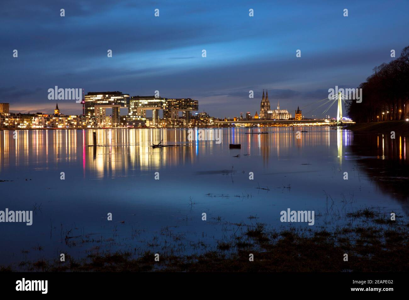 Alluvione del fiume Reno il 4 febbraio. 2021, vista sul prato allagato nel quartiere Deutz fino al porto di Rheinau con le Crane Houses e a. Foto Stock