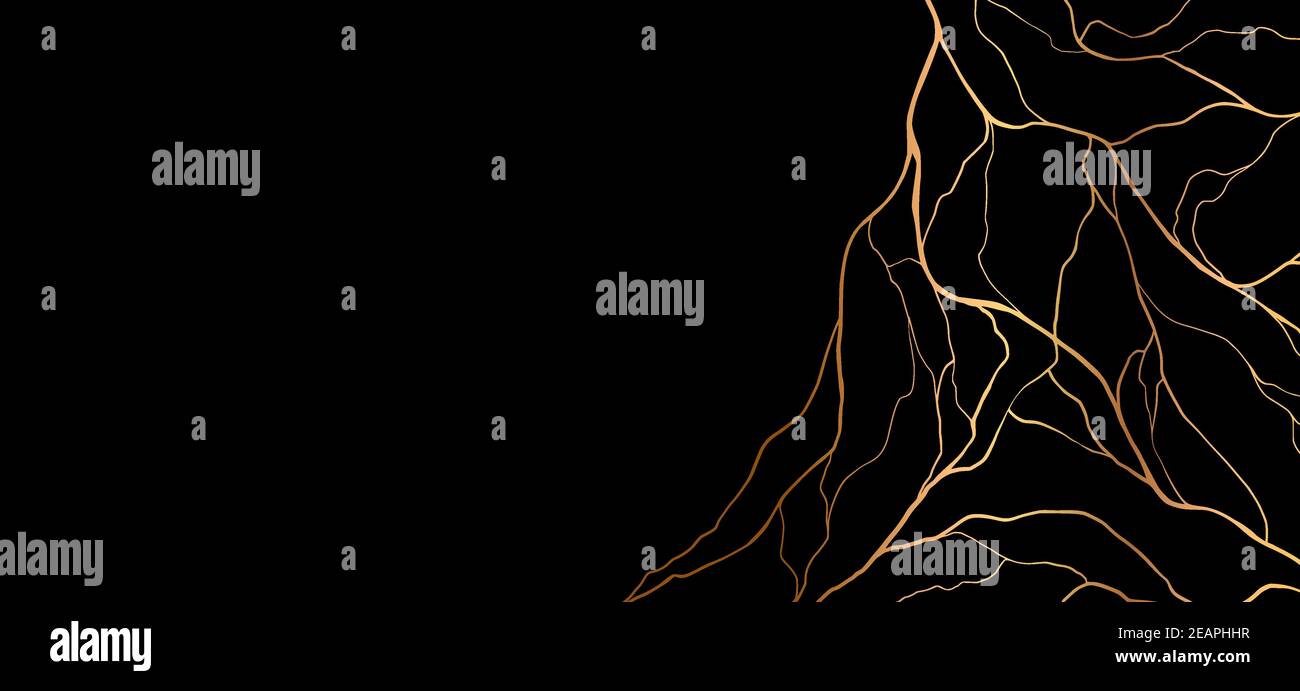 Il poster dorato della crepa di kintsugi è isolato su nero. Elemento decorativo disegnato a mano astratto con spazio di copia. Illustrazione Vettoriale