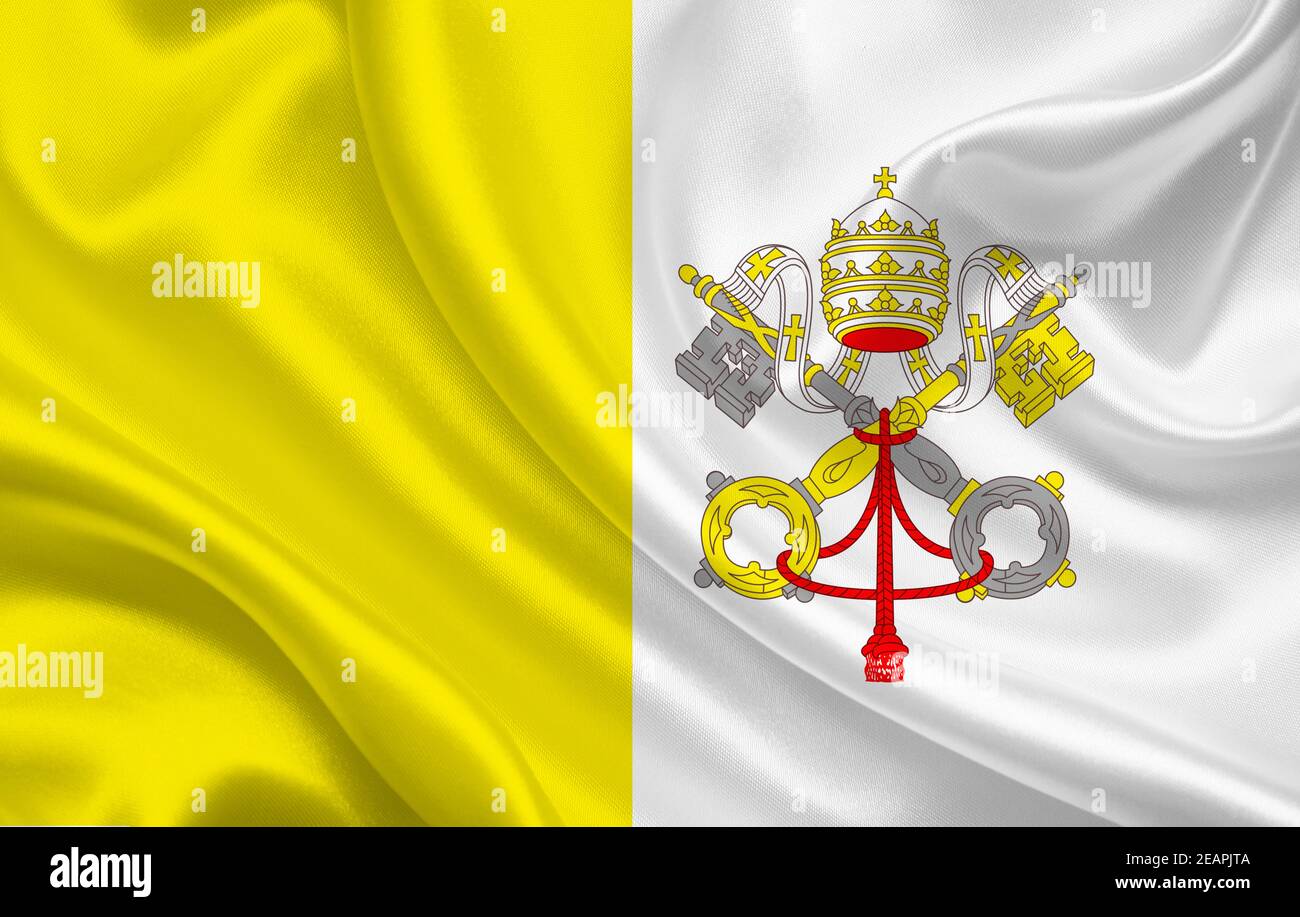 Bandiera del Vaticano sullo sfondo di tessuto di seta ondulato panorama Foto Stock