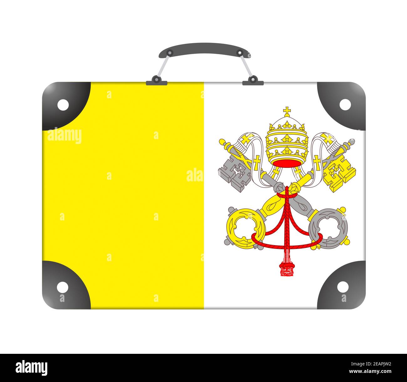 Bandiera del Vaticano sotto forma di valigia di viaggio su sfondo bianco Foto Stock