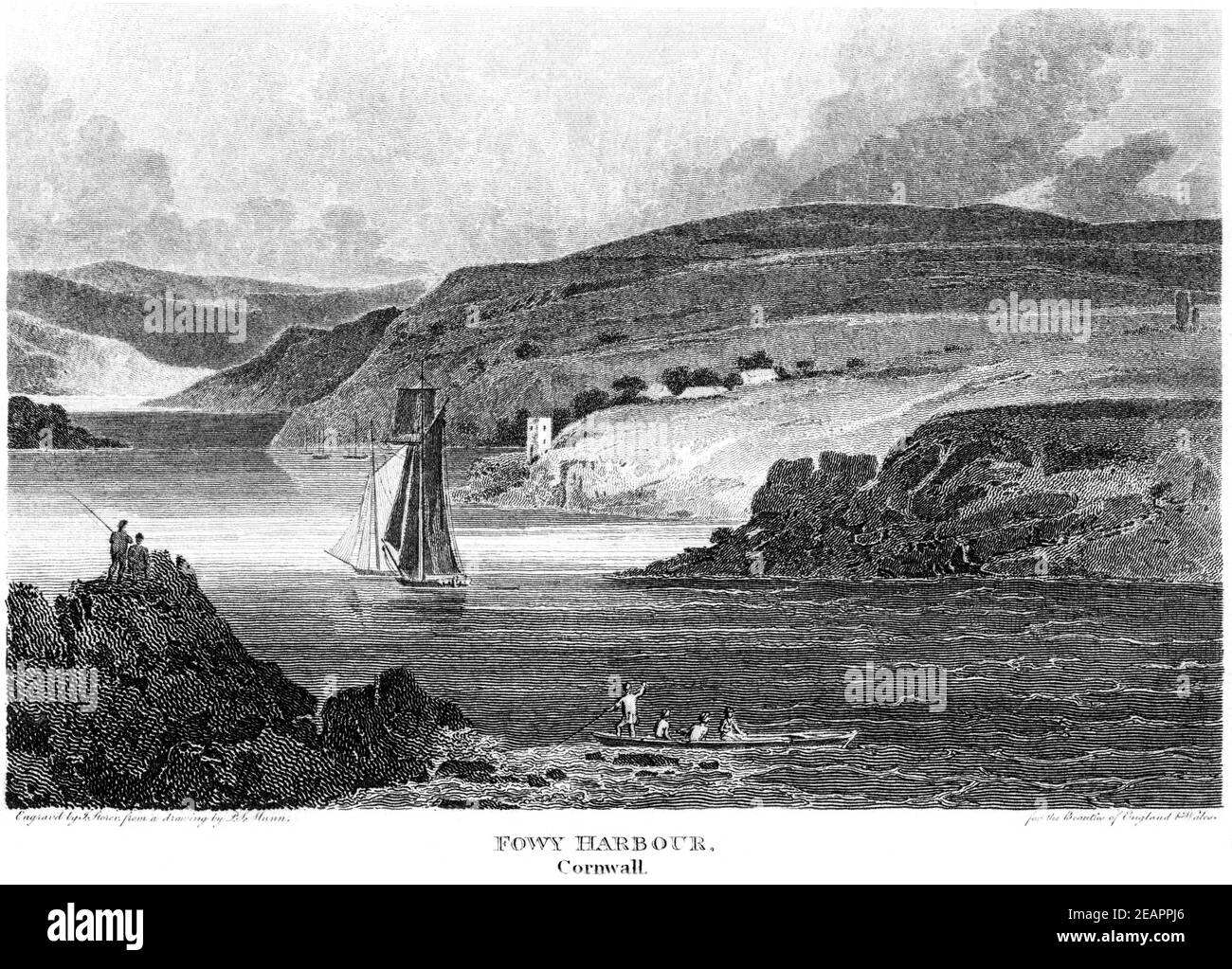 Incisione del porto di Fowy (Fowey), Cornwall ha fatto la scansione ad alta risoluzione di un libro stampato nel 1812. Creduto esente da copyright. Foto Stock