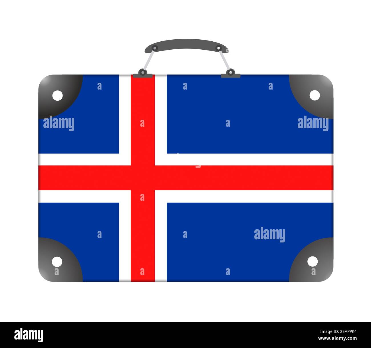 Bandiera islandese sotto forma di valigia di viaggio su sfondo bianco Foto Stock