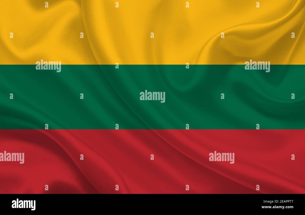 Bandiera della lituania paese su wavy tessuto di seta panorama di sfondo Foto Stock
