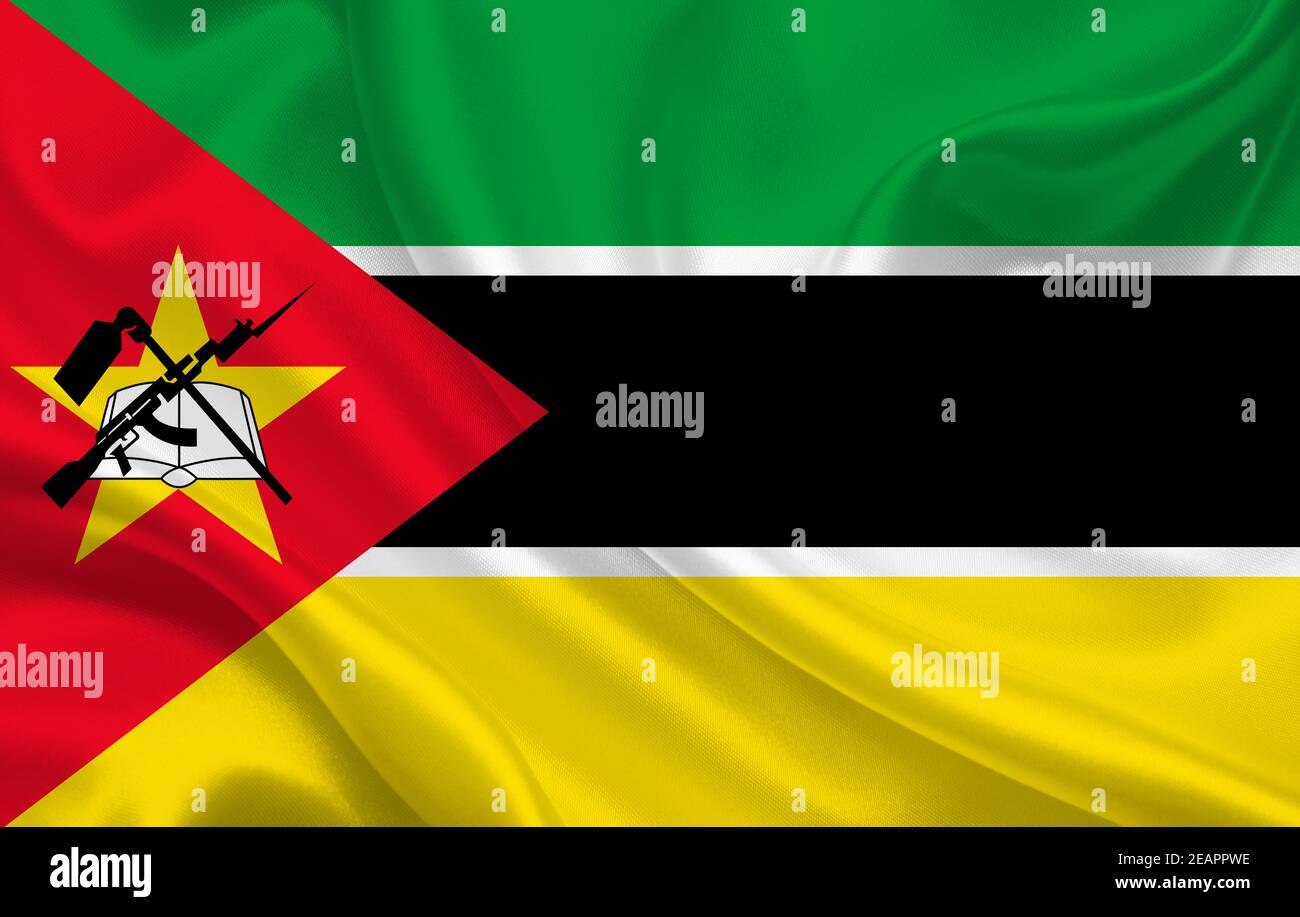 Mozambico bandiera di campagna su wavy tessuto di seta panorama di sfondo Foto Stock