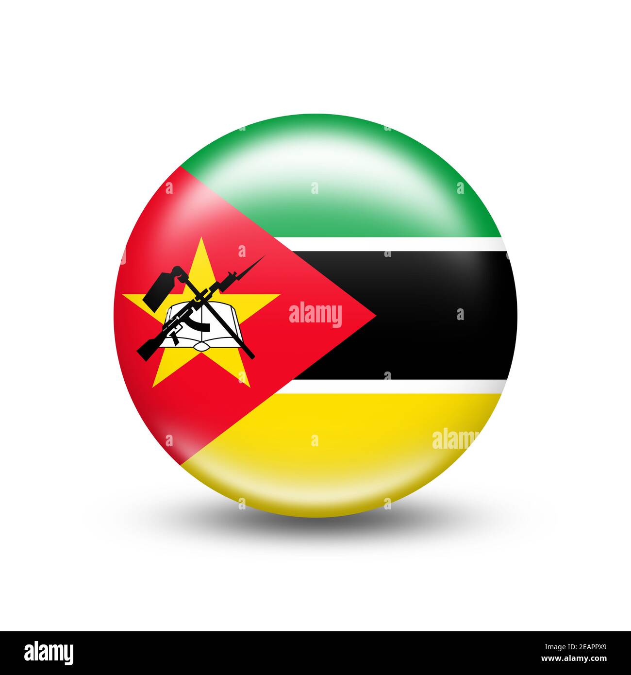 Bandiera del Mozambico in sfera con ombra bianca Foto Stock