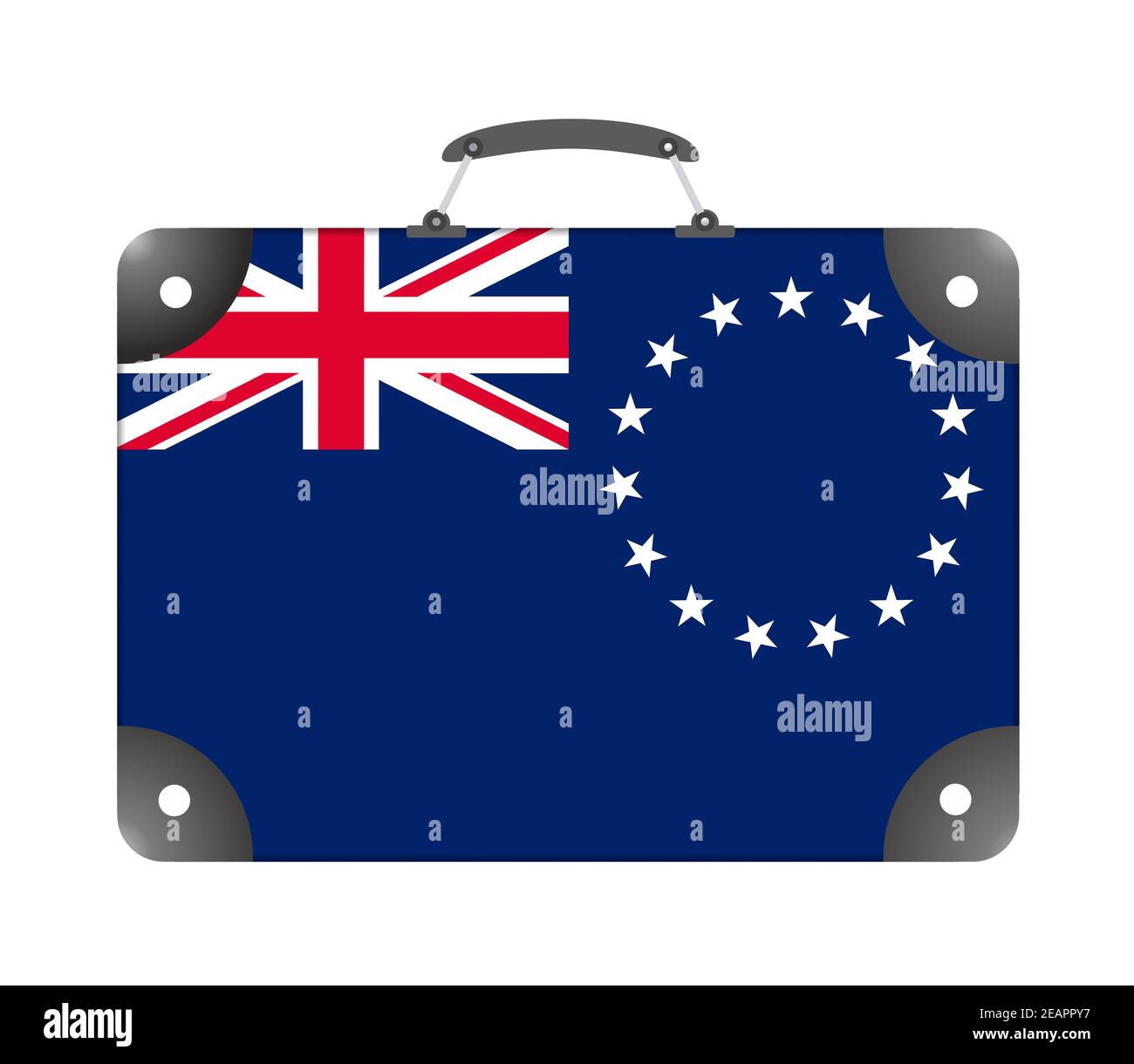 Bandiera di campagna delle Isole Cook sotto forma di viaggio valigia su sfondo bianco Foto Stock