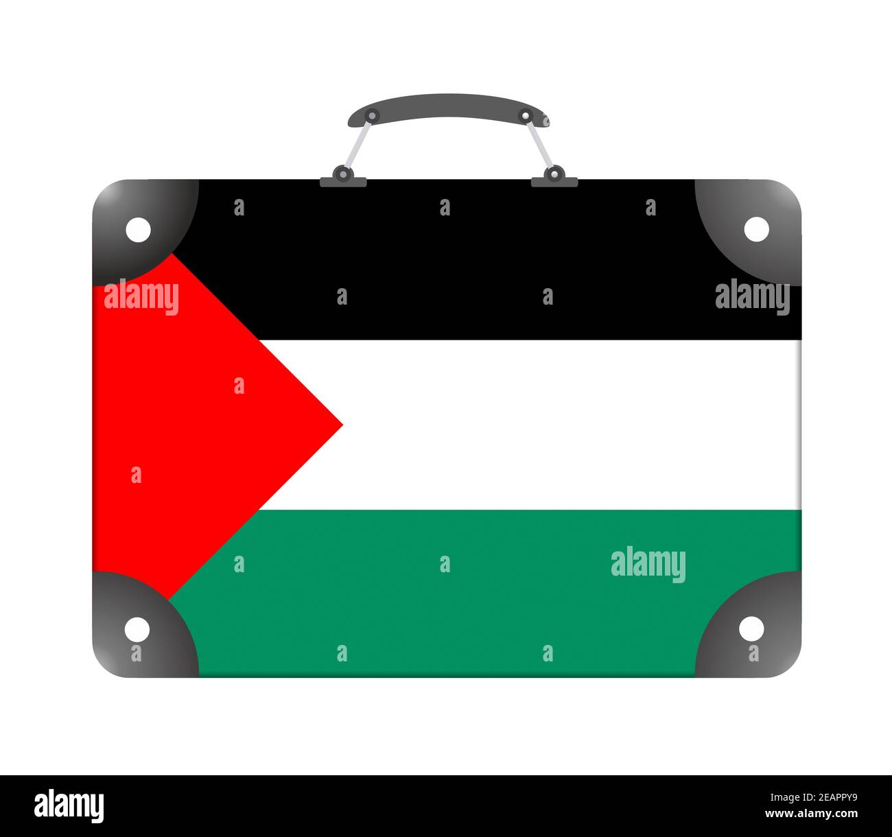 Bandiera palestinese sotto forma di valigia di viaggio su sfondo bianco Foto Stock