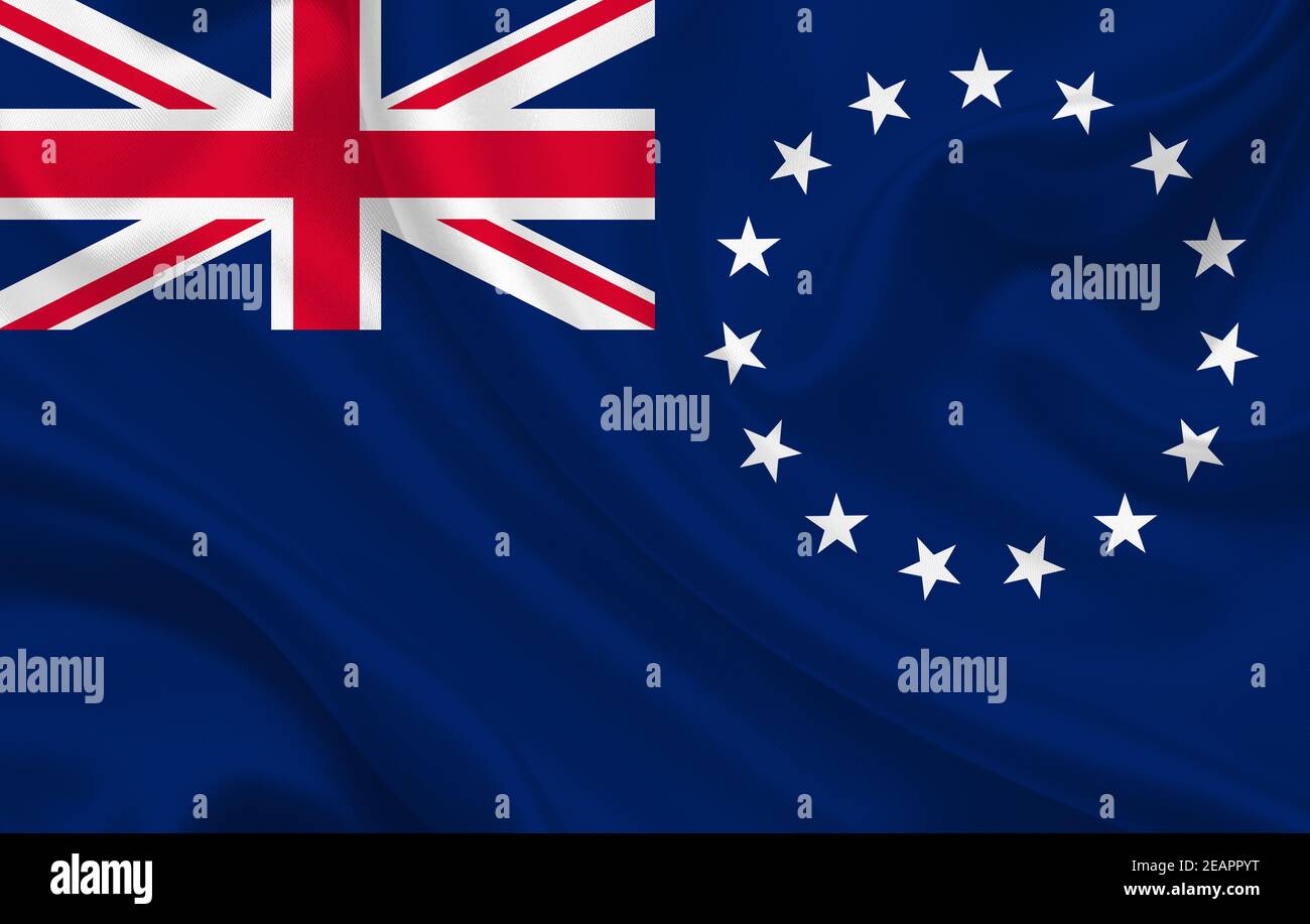 Cook Islands bandiera di campagna su wavy tessuto di seta panorama di sfondo Foto Stock
