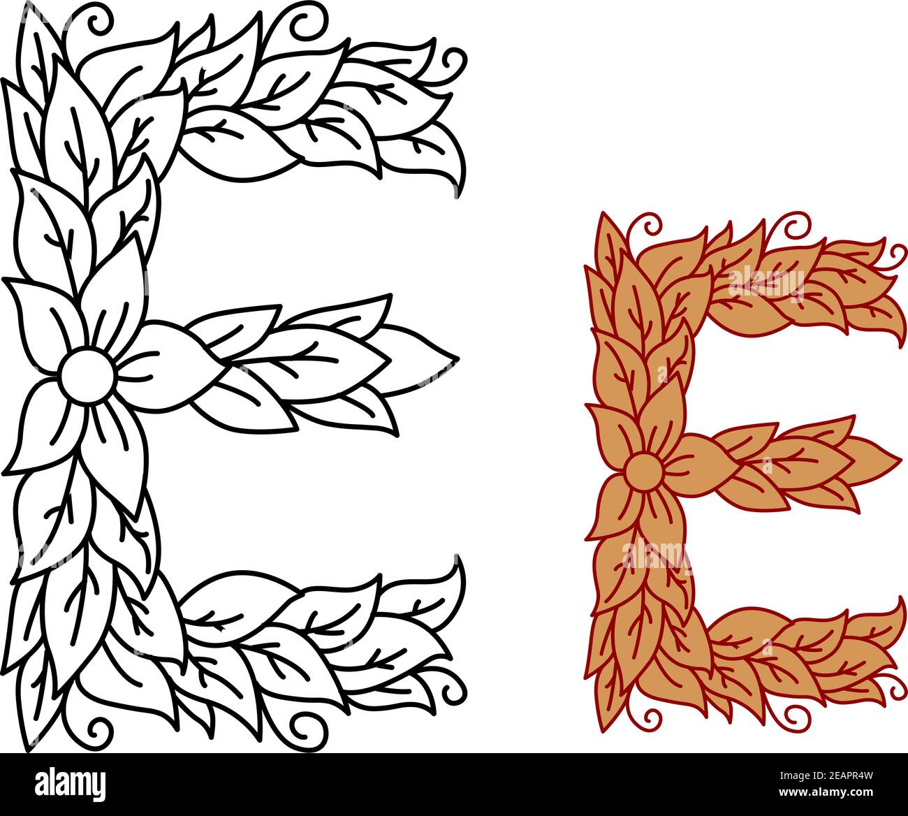 Lettera maiuscola e in un disegno floreale e fogliare con fiori e foglie intrecciate per concetti biologici, bio o ecologici, in bianco e nero e in marrone, vec Illustrazione Vettoriale