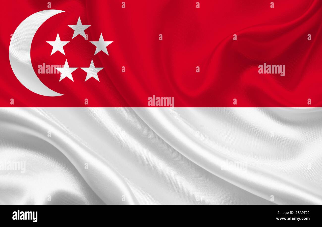 Bandiera di Singapore sullo sfondo di tessuto di seta ondulato panorama Foto Stock