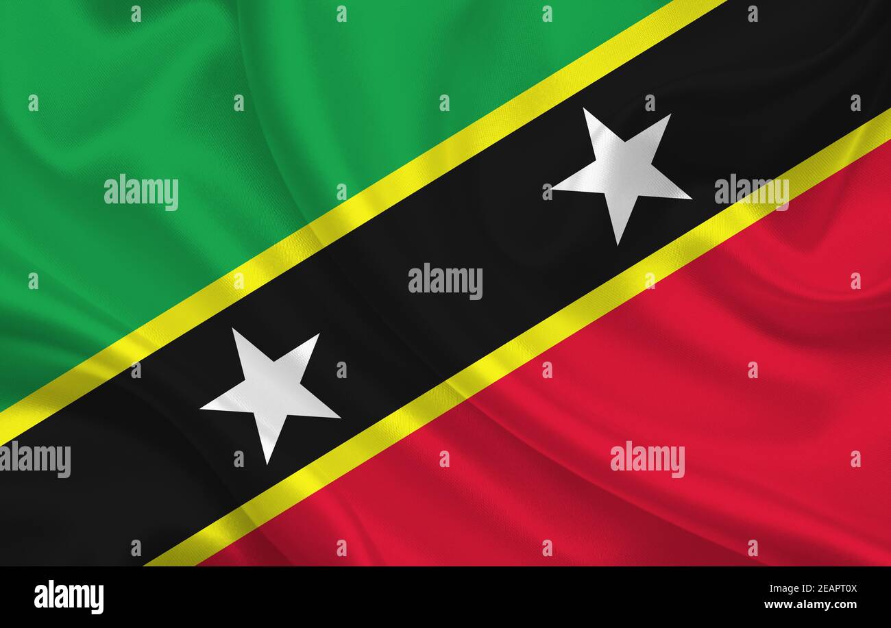 Bandiera di Saint Kitts e Nevis paese su seta ondulata panorama di sfondo del tessuto Foto Stock