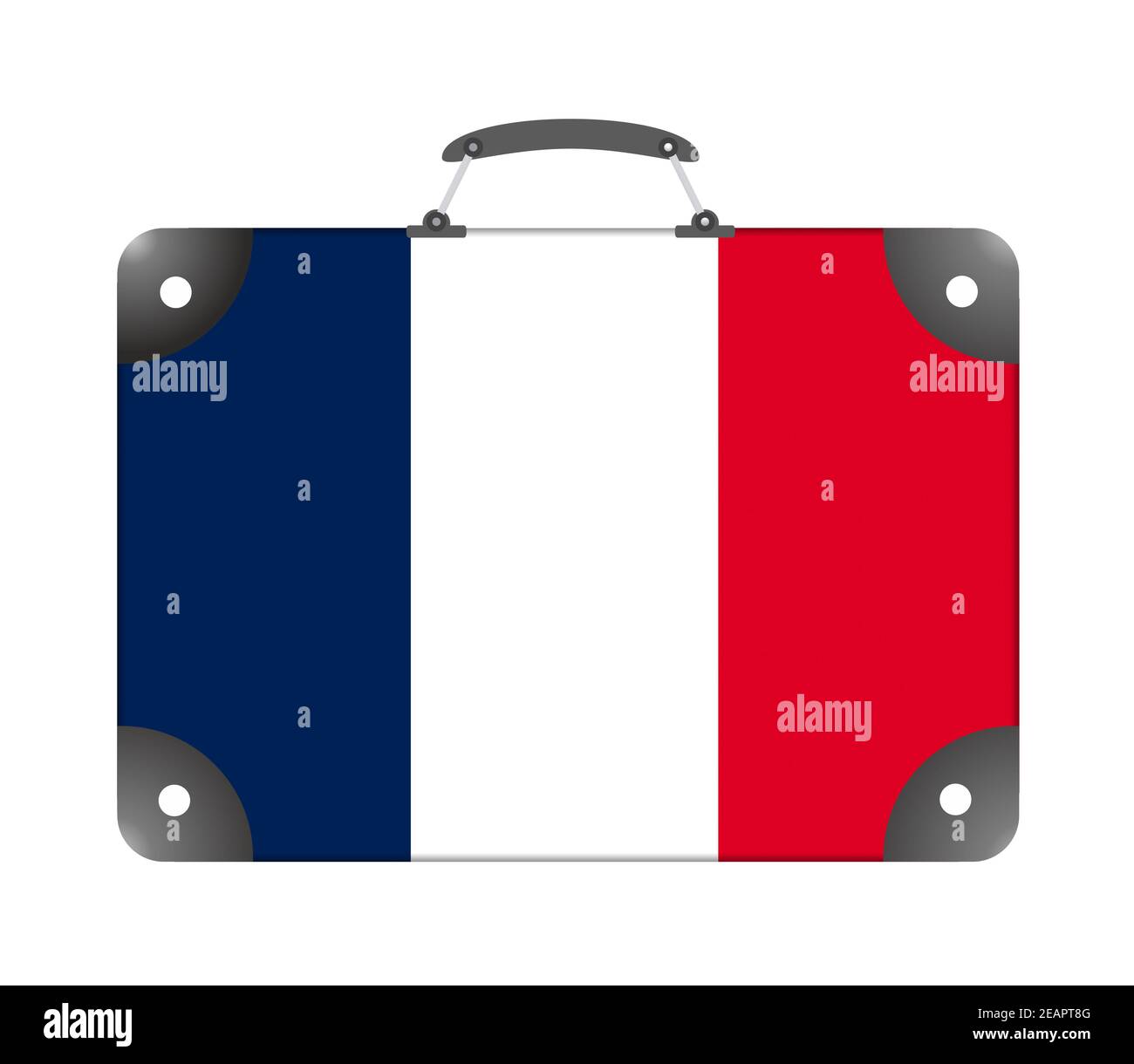Bandiera della Francia sotto forma di valigia di viaggio uno sfondo bianco Foto Stock