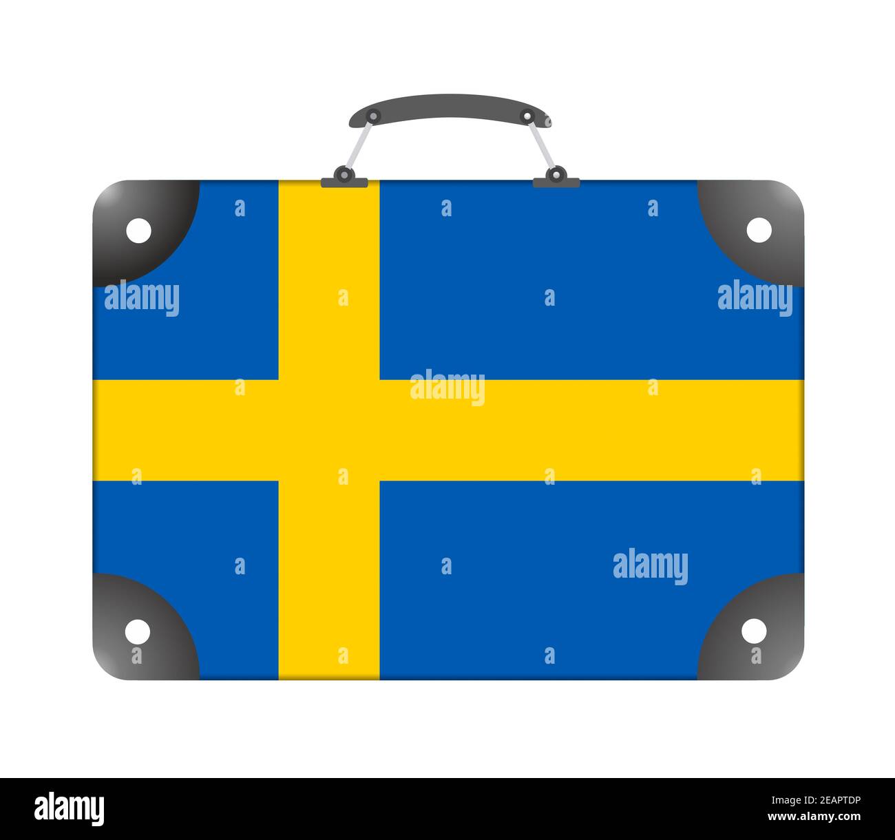 Bandiera svedese sotto forma di valigia di viaggio uno sfondo bianco Foto Stock