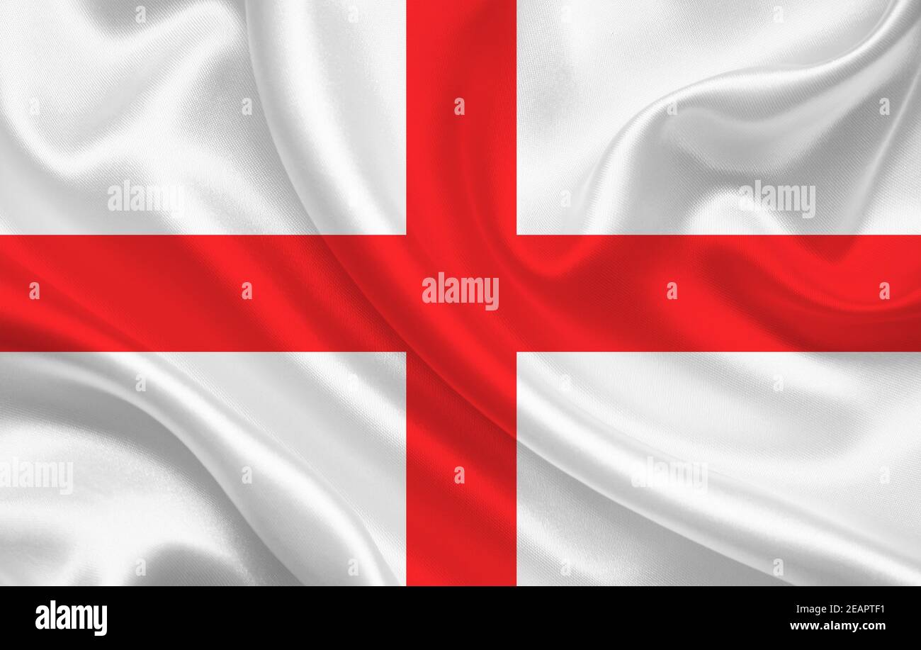 Bandiera di campagna dell'Inghilterra sul panorama di fondo di tessuto di seta ondulato Foto Stock