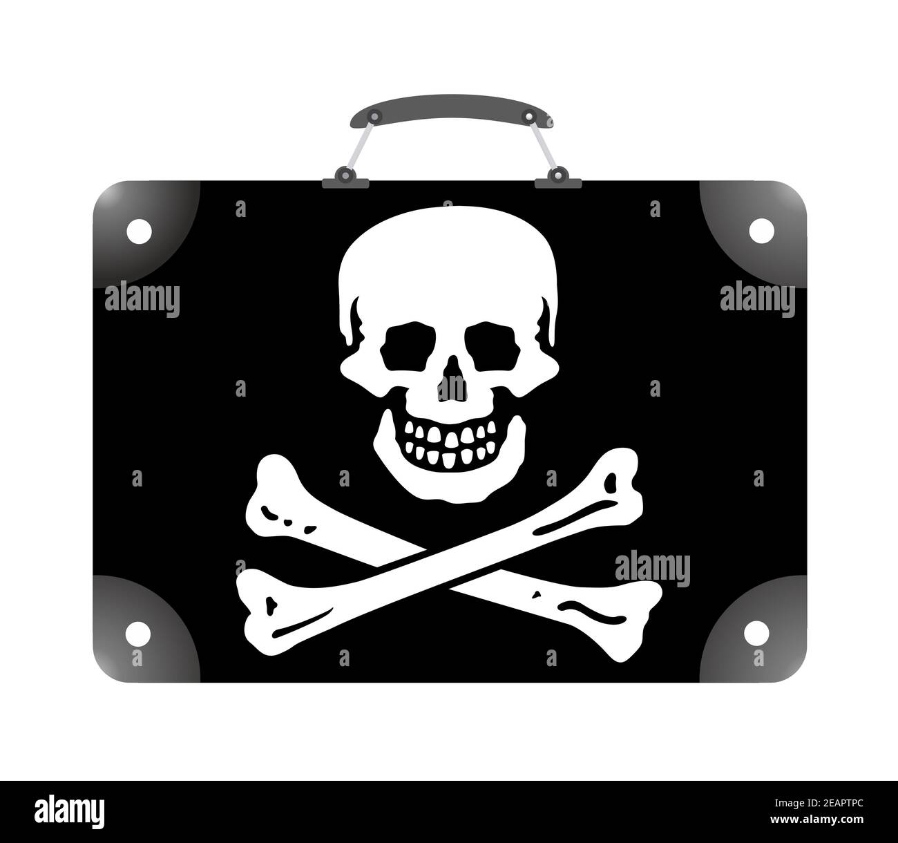 Bandiera Jolly Roger sotto forma di valigia da viaggio su sfondo bianco Foto Stock