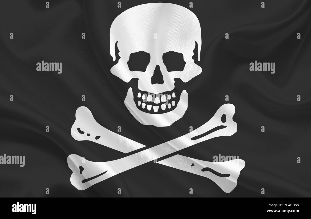 Jolly Roger bandiera di campagna su sfondo panorama di tessuto di seta ondulato Foto Stock