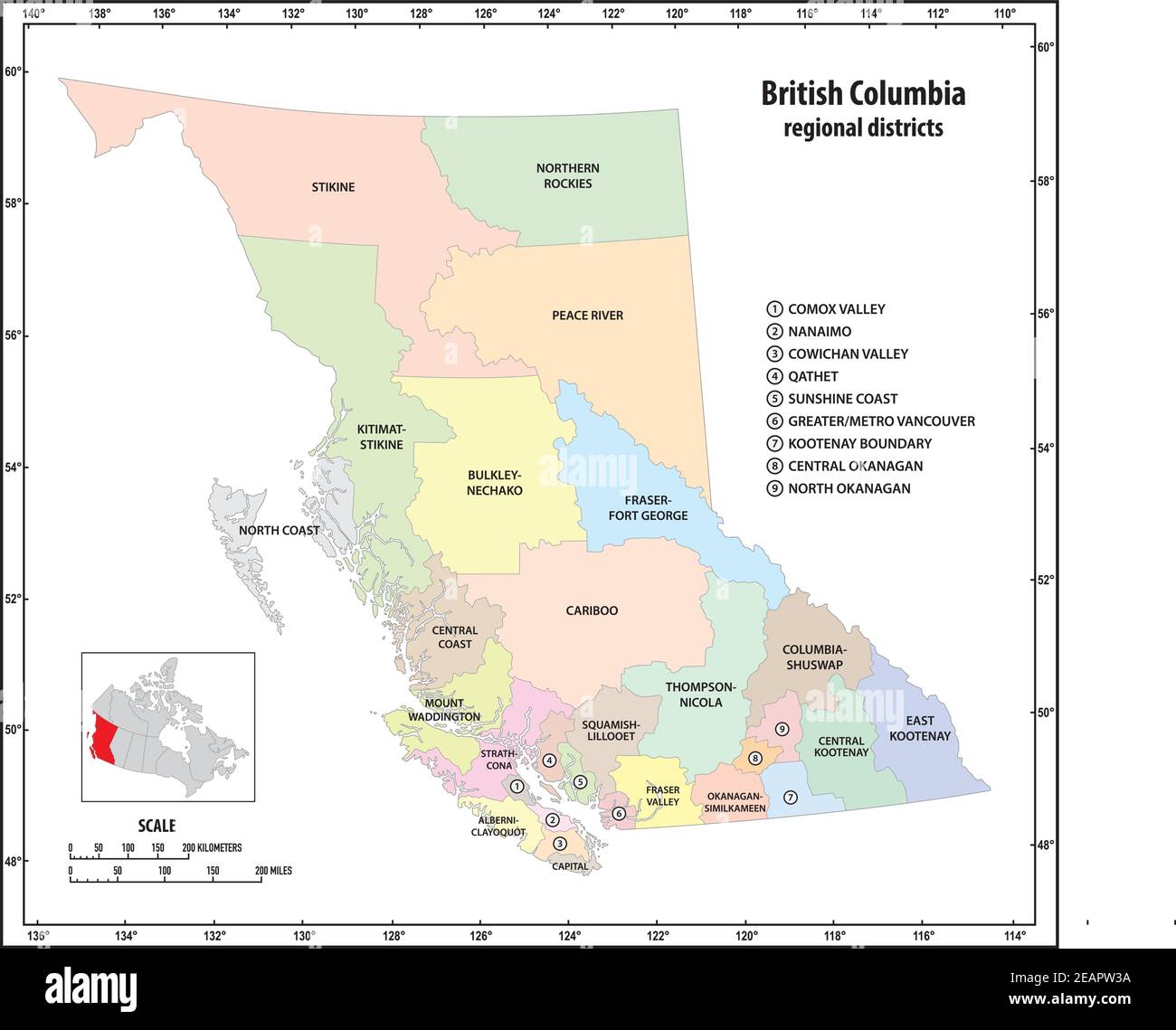Mappa amministrativa vettoriale della provincia canadese della Columbia Britannica Illustrazione Vettoriale
