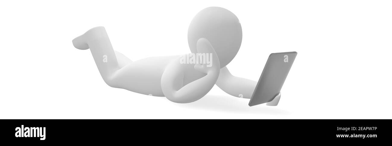 Piccolo uomo lavora nel tablet Foto Stock