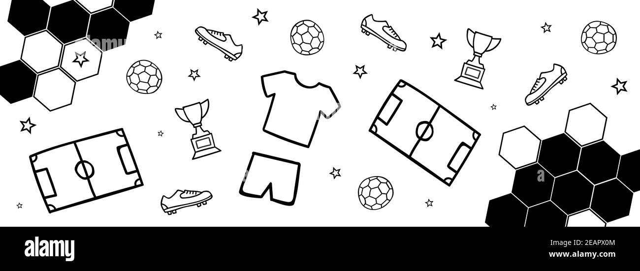 Astratto sfondo sportivo con diversi elementi calcistici Foto Stock
