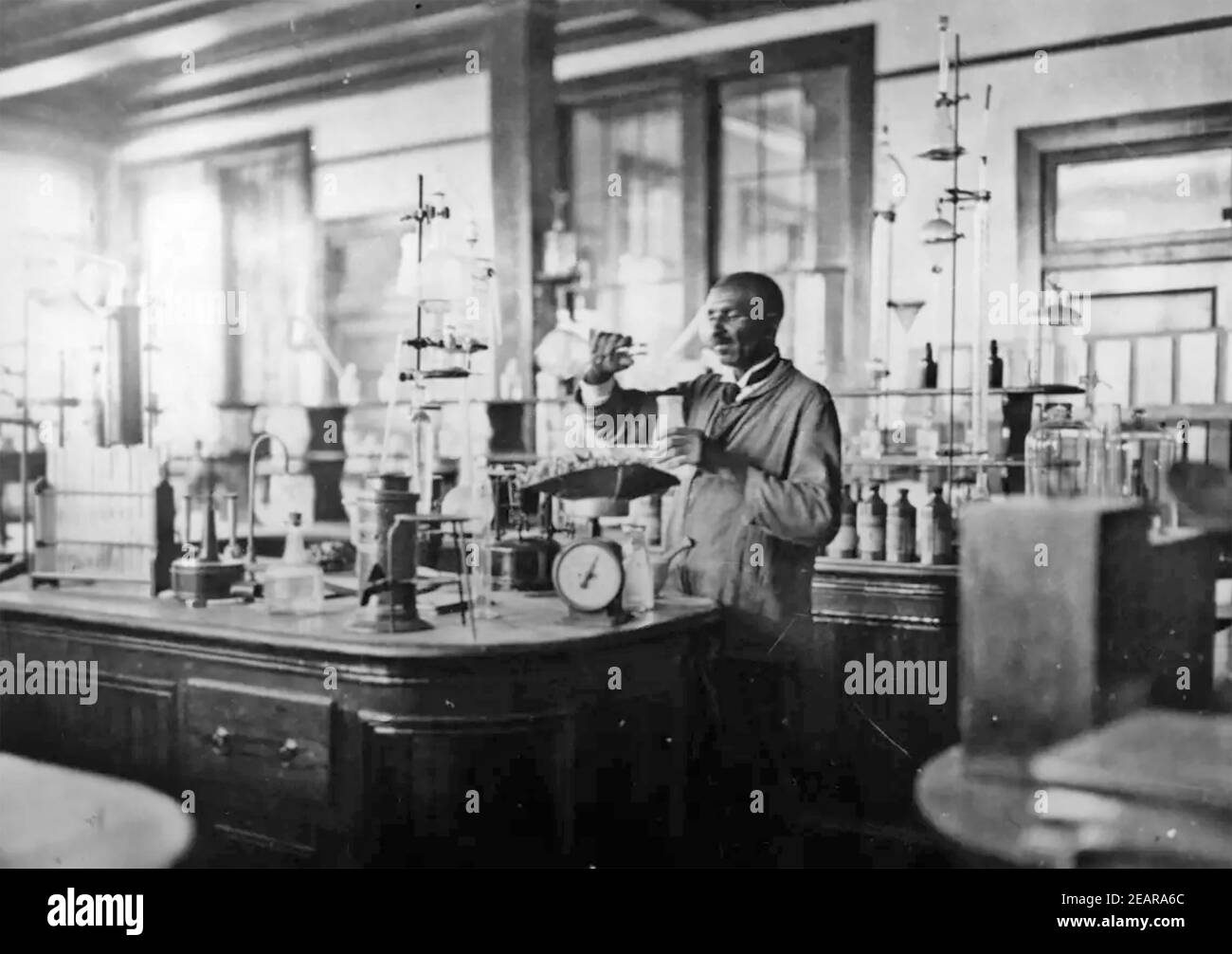 GEORGE WASHINGTON CARVER (C 1864-1943) Scienziato agricolo americano ed ex schiavo che lavora al Tuskegee Istituto circa 1905 Foto Stock