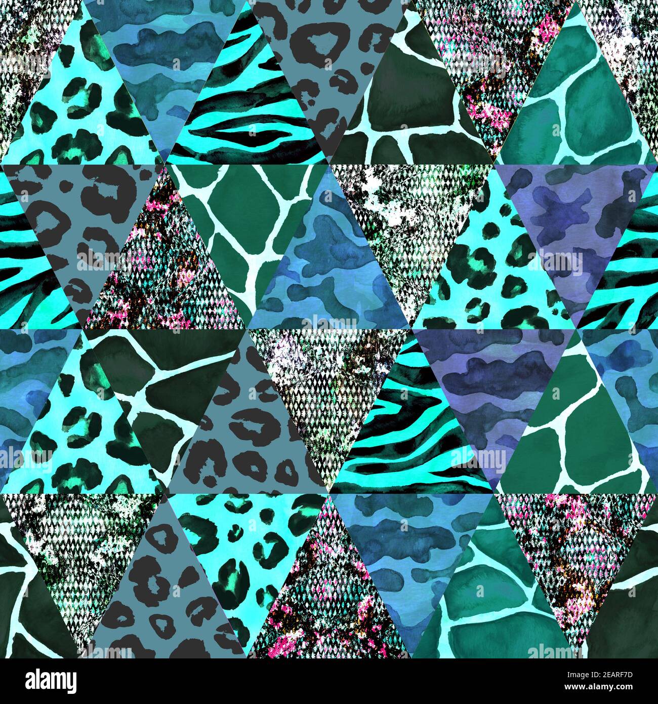 Imitazione trendy cucito pezzi triangolari di tessuto in stile patchwork. Collage disegnato a mano con motivo senza cuciture. Tessuto di sicurezza con animali pri Foto Stock